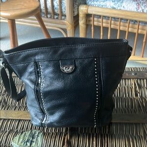 Brighton Black Leather Shoulder Bag with Metal Emblem